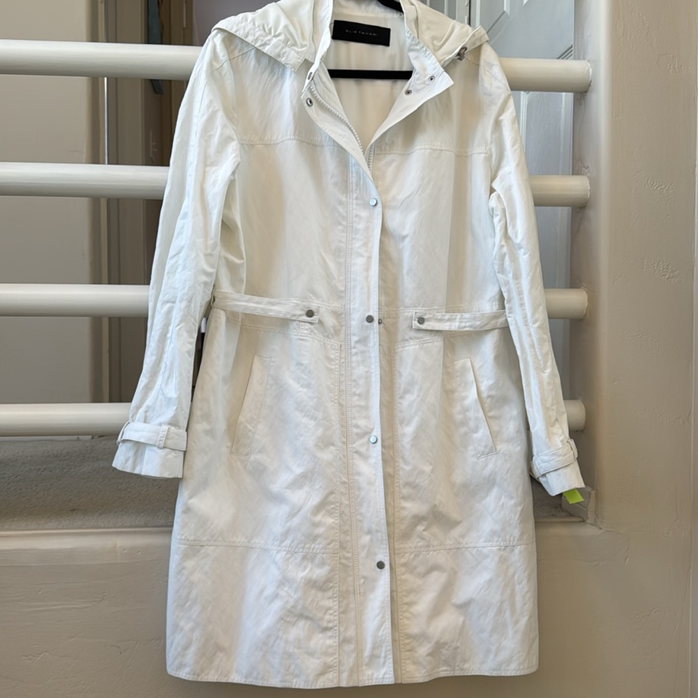 Elie Tahari White Trench Coat with Hood and Cinchable Waist SZ XL